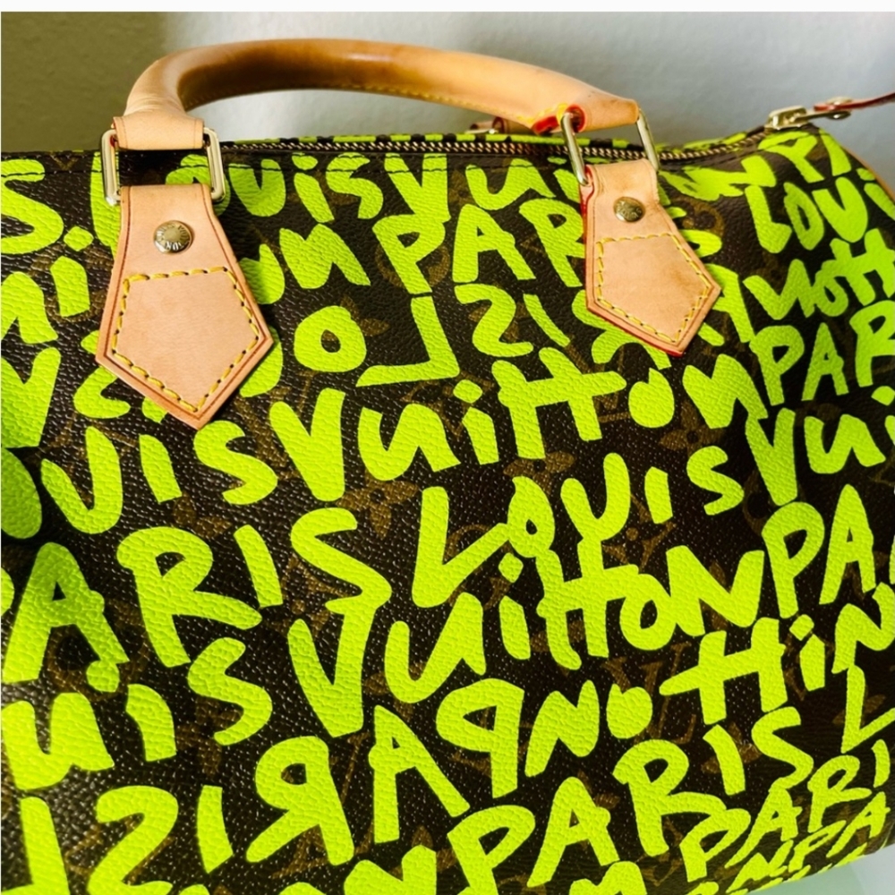 LOUIS VUITTON X Stephen Spriuse Monogram Graffiti Speedy 30 neon green LV bag - Picture 10 of 16